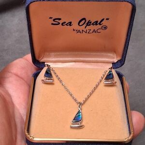 Vintage Sea Opal Sailboat Set Necklace Earrings Anzac Boxed